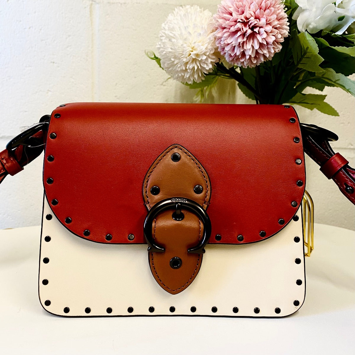 Coach C2661 Beat Shoulder Bag 18 In Colorblock With Rivets In Red Sand Ivory Multi Coach C2661 Beat Shoulder Bag 18 In Colorblock With Rivets In Red Sand Ivory Multi